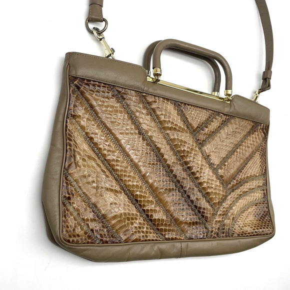 Vintage 70s Bags by Supreme Beige Leather & Python Skin Top Handle Shoulder Bag - Picture 4 of 16